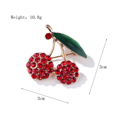 Broche De Cereza De Moda Alfiler Aleación Rhinestone Rojo Esmalte Verde Forma De Fruta Joyas Para Mujeres