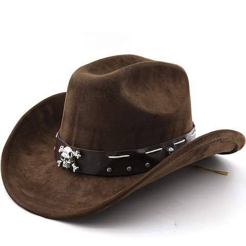 Western Cowboy Hut Wildleder Material Punk Totenkopf Metallnieten Lederband Gothic Rock Stil Für Herren Und Damen