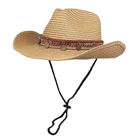 Chapeau De Cowboy En Paille Pour Femme Style Western Ethnique Protection Solaire Plage Avec Pendentifs Pièces Et Corde