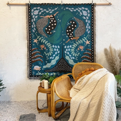 Coperta Intrecciata In Cotone Sirena Oceano Boho Con Nappine Copridivano Multifunzionale Arazzo Da Campeggio Picnic