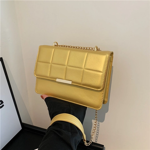 Quilted Shoulder Bag PU Leather Square Crossbody With Metal Chain Strap Fashion For Women