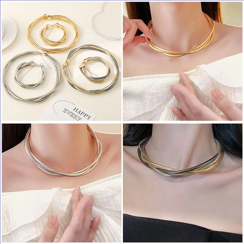 Multi Layer Snake Bone Chain Necklace And Bracelet Alloy Metallic Punk Hip Hop Style Jewelry For Women