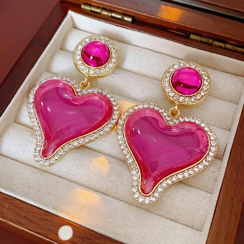 Vintage Herz Hängeohrringe Pink Harz Gold Legierung Strass Mit Silberem Ohrstecker Für Damen