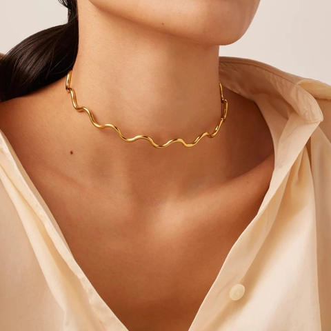 Minimalistisch 18K Gold Plattiert Edelstahl Welle Halsband Kette Modisch Geometrisch Linie Halskette Für Damen Schmuck