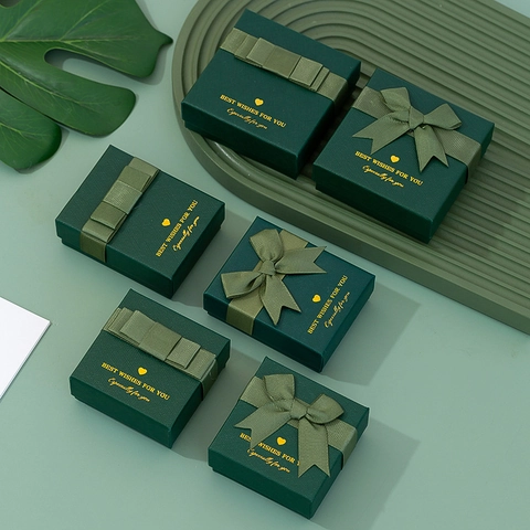 Elegant Jewelry Packaging Gift Box With Ribbon Bow Knot Textured Cardboard For Ring Earring Necklace Bracelet