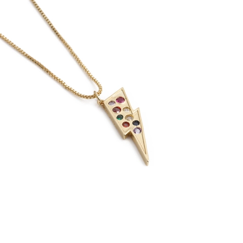 Collana Con Ciondolo A Fulmine In Rame Placcato Oro Con Strass Colorati Arcobaleno Targhetta Rettangolo Gioielli Donna