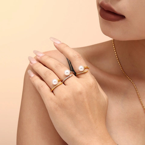 Titanium Staal Imitatie Kunstparel Zirkoon Ring Open Verstelbaar Elegant Light Luxury Sieraden Voor Dames