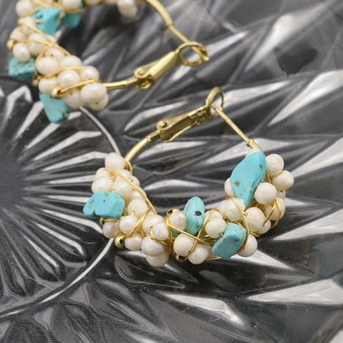 Orecchini a Cerchio Retro Fatti a Mano Con Perle d'Acqua Dolce e Turchese Con Perno in Argento Sterling 925 Gioielli Boho Donna