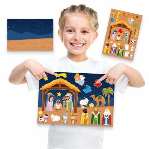 Children DIY Christmas Nativity Scene Cartoon Sticker Set Kids Educational Craft Toy Home Decor Party Supplies