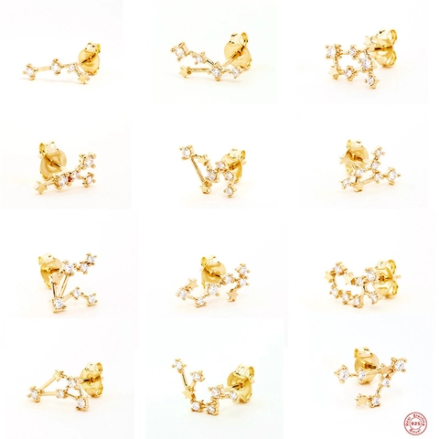 Constellation Stud Earring 925 Sterling Silver Gold Plated Cubic Zirconia Zodiac Star Shape Jewelry For Women