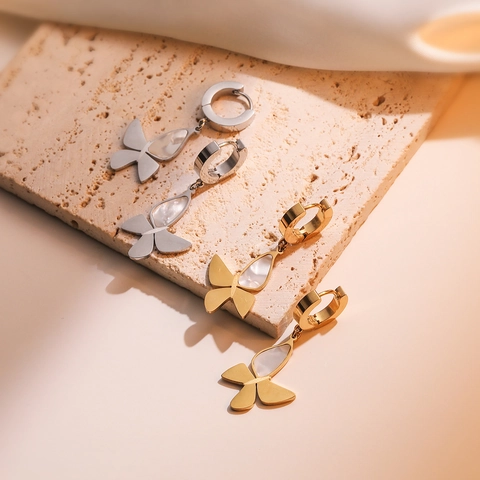 Vlinder Drop Oorbellen Roestvrij Staal 18K Verguld Schelp Inleg Minimalistisch Huggie Hoop Mode Sieraden Voor Vrouwen