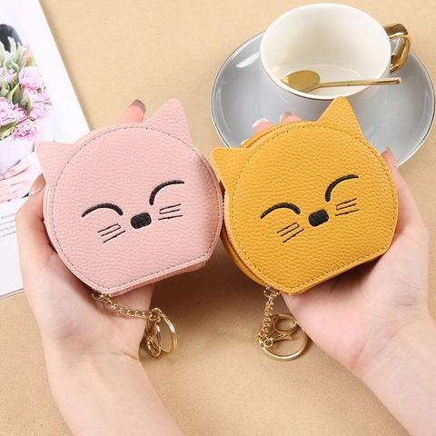 Cat Shaped Mini Coin Purse PU Leather Lychee Grain Embroidery Makeup Bag With Mirror Keychain Hook Urban Simple Style Girl