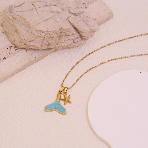 Stainless Steel Whale Tail Pendant Necklace Enamel Starfish Butterfly Bull Head Gold Plated Clavicle Chain Marine Style