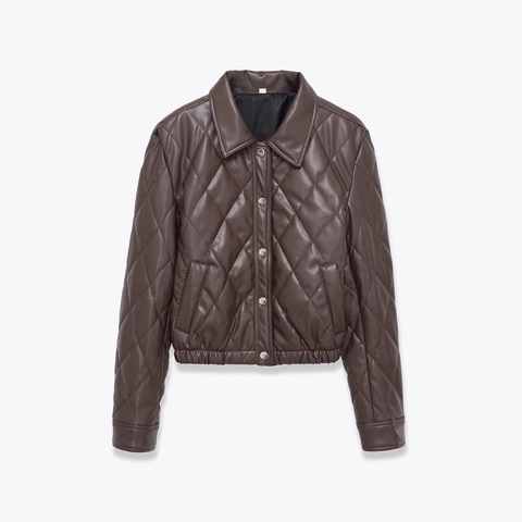 Damen Gesteppte PU Kunstlederjacke Kurz Reverskragen Metalldruckknöpfe Lässiger Mode Mantel Langarm