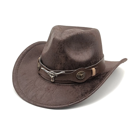 Vintage Western Cowboy Hat Faux Leather Polyester Wide Brim Fedora With Metal Bullhead Belt For Men Women Solid Color