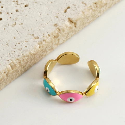 Evil Eye Ring 18K Vergoldet Edelstahl Bunte Emaille Verstellbarer Offener Fingerschmuck Boho Trendy Für Frauen Geschenk