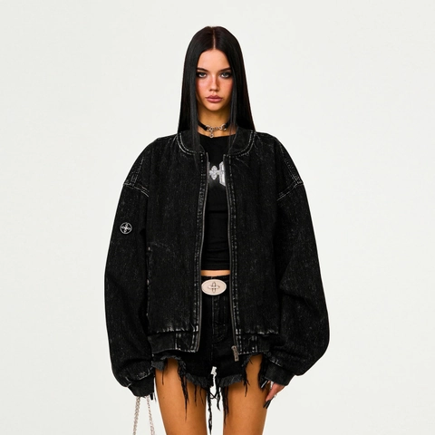 Giacca Bomber In Denim Lavato Oversize Donna Motivo A Croce Retrò Cotone Capispalla Cerniera Lampo Collo Alto
