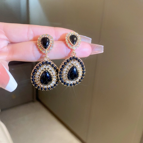 Boucles D'oreilles Goutte D'eau Gothiques Pierre Noire Strass Bijoux Rétro Français Avec Tige En Argent Femmes