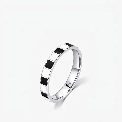 Checkerboard Ring 925 Sterling Silver Black White Enamel Geometric Minimalist Fashion Jewelry Unisex