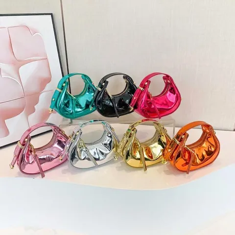 Mini Half Moon Handbag Metallic Mirror PU Leather Y2K Fashion Dumpling Bag For Women Evening Party