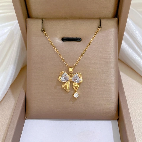 Bowknot Pendant Necklace Titanium Steel Chain Copper Cubic Zirconia Bow Heart Elegant Shiny Jewelry Gift For Women