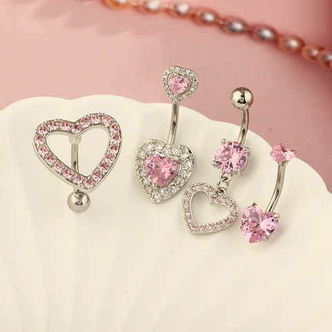Stainless Steel Pink Rhinestone Heart Belly Button Rings For Women Silver Electroplated Bowknot Piercing Fashion Jewelry