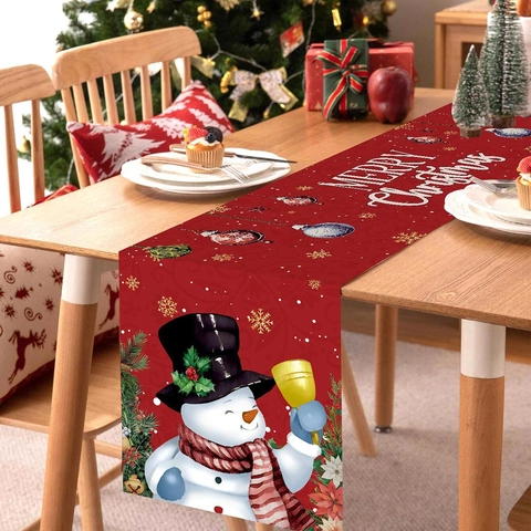 Kerst Tafelrunner Rood Polyester Sneeuwpop Bel Sneeuwvlok Patroon Vakantie Diner Feest Decoratie