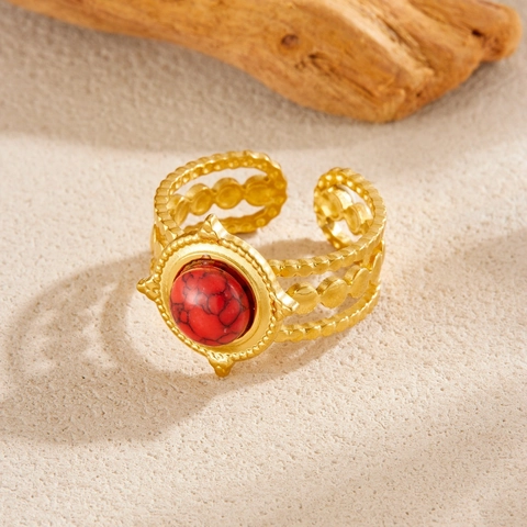 Edelstahl Ring Vintage Palast Stil Vergoldet Offen Verstellbar Breitband Roter Türkis Runder Edelstein Schmuck Damen
