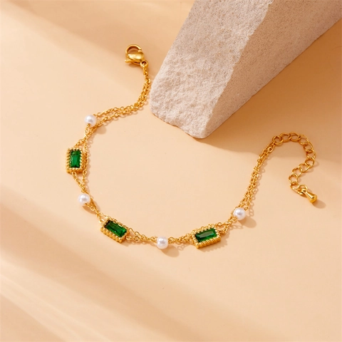 Layered Bracelet Gold Plated Stainless Steel Shell Flower Artificial Pearl Green Zircon Retro Elegant Jewelry For Women