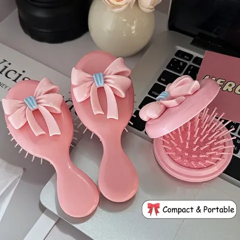 Portable Airbag Hairbrush With Bow Knot ABS Plastic Folding Mirror Massage Hair Tool For Kids Girls Travel Sweet Style