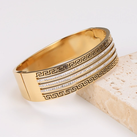 Gold Wide Bangle Bracelet 304 Stainless Steel With Cubic Zirconia Greek Meander Pattern Hollow Design Luxury Jewelry