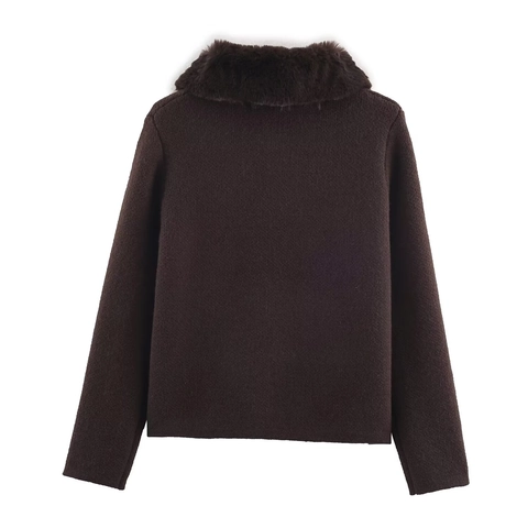 Women Faux Fur Collar Knit Cardigan Sweater Jacket Gold Buttons Button Down Long Sleeve Casual Solid Winter Outerwear Top