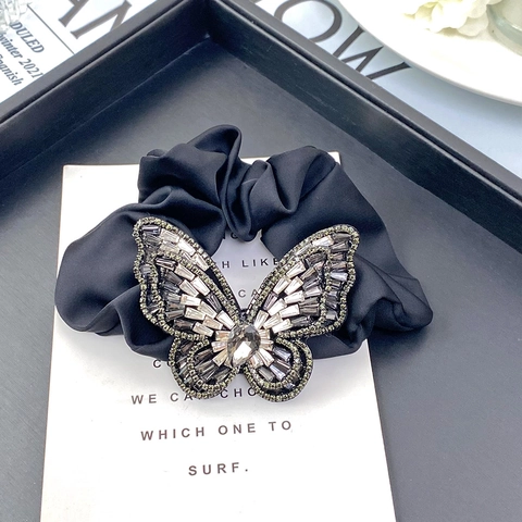 Eleganter Schmetterling Strass Haargummi Kristall Satin Haargummi Und Feder Haarklammer Fee Haar Accessoire Für Damen