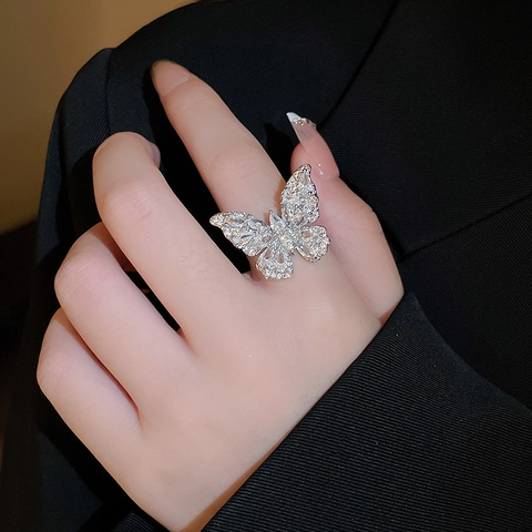 Bague Ouverte Papillon Cuivre Zircone Scintillante Argenté Élégant Bijoux De Doigt Pour Femme