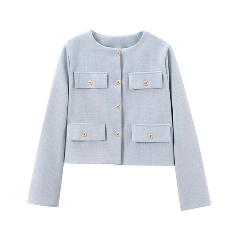 Women's Elegant Tweed Short Jacket Round Neck Long Sleeve Metal Buttons Four Flap Pockets Little Fragrance Outerwear Top