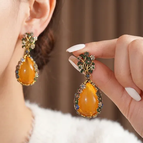 Vintage Teardrop Dangle Earrings Alloy Colorful Rhinestone Orange Resin Palace Style With Silver Earring Post For Women
