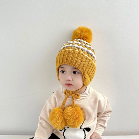 Gorro de Invierno para Niños de Punto Cálido Orejeras Acrílico Rayas Pompones Gorro de Punto Exterior Cortavientos para Niños Niñas