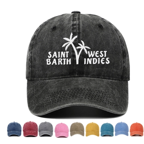 Washed Cotton Baseball Cap Retro Distressed Dad Hat Mit Palm Tree Stickerei Saint Barth West Indies Verstellbar Sonnenschutz