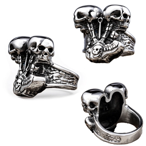 Anello Teste Di Teschio Motore Meccanico Acciaio Inossidabile Gotico Punk Rock Biker Gioielli Per Uomini