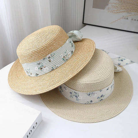Cappello Di Paglia Stile Francese Boater Top Piatto Protezione Solare Spiaggia Con Nastro Floreale Fiocco Traspirante Per Donne
