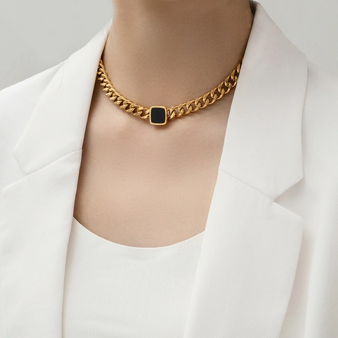 Fashion Titanium Steel Chunky Cuban Link Necklace For Women Hip Hop Black Square Pendant Gold Silver Plated Chain Jewelry