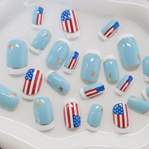 Press On Nails Amerikanische Flagge Unabhängigkeitstag Kurz Quadratisch Künstliche Nägel French Tip Sterne Streifen