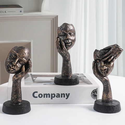 Sculpture de Visage Abstrait en Résine Rétro Nordique Le Silence Est d'Or Ornement Moderne Minimaliste Bureau Salon Entrée Statue Créative Décor Cadeau