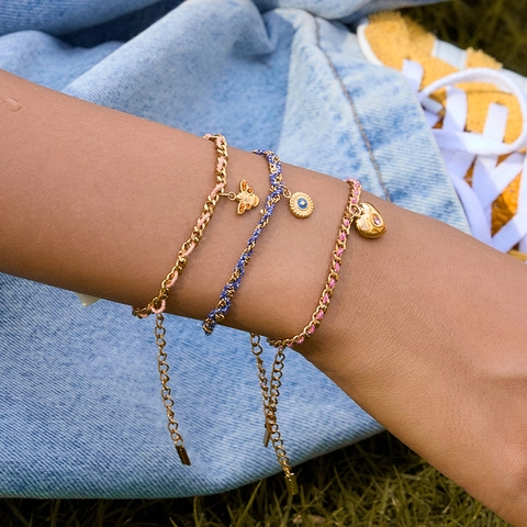 Böhmische Lagenarmbänder 18 Karat Vergoldeter Edelstahl Gewebte Kordel Böser Blick Biene Herz Anhänger Schmuck