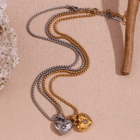 Vintage Stainless Steel Heart Pendant Necklace For Women Gold Silver Plated Zirconia Starburst Engraved Box Chain Jewelry Gift