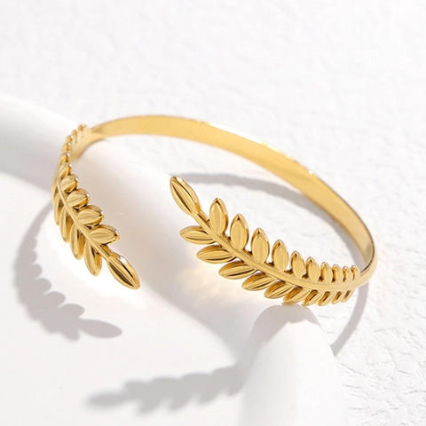 Bracelet Jonc Ouvert Feuille D'épi De Blé Acier Inoxydable Réglable Forme C Bijoux Vintage Élégants Pour Femmes