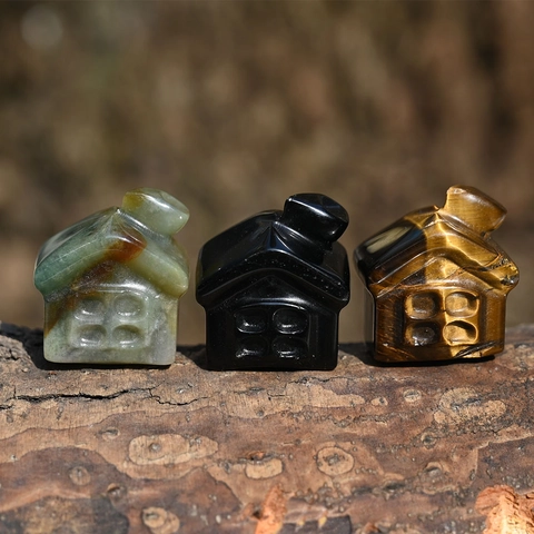 Mini Crystal House Carving Natural Healing Stone Amethyst Rose Quartz Obsidian Desktop Ornament Hand Carved Decorative Figurine