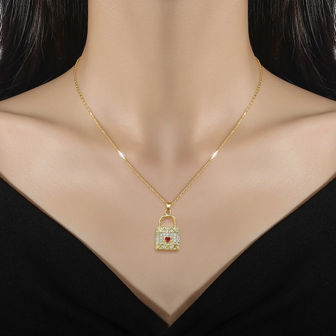 Heart Lock Pendant Necklace Stainless Steel Chain Copper Micro Inlaid Zircon Red Heart Gemstone Elegant Jewelry For Women