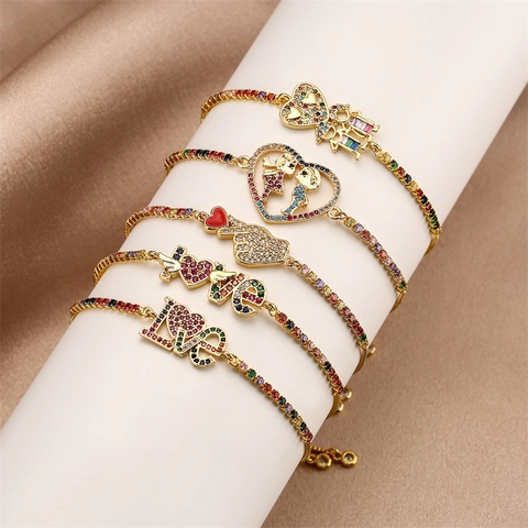 Adjustable Bolo Bracelet Copper Gold Plated With Colorful Micro Pave Zircon Heart Love Romantic Jewelry For Women