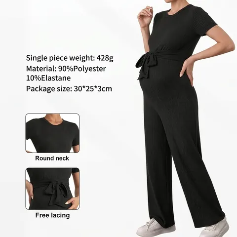Maternity Ribbed Knit Jumpsuit Short Sleeve Round Neck High Waist Adjustable Tie Belt Wide Leg Butt Lifting Romper